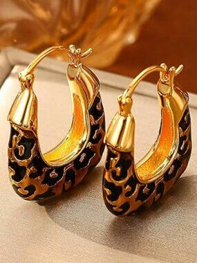 New Leopard Print Earrings Gold Tone and Black Hoop Earrings Geometric Drop